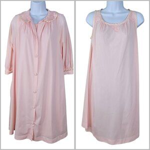Vintage Nightgown Robe Set Small Petite Pink Lightweight Floral Knee Length